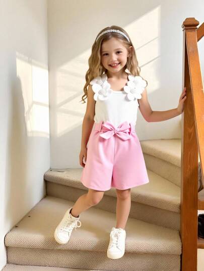 Elladie kids 女童碎花吊带连体衣，甜美舒适，配大碎花腰带，夏季休闲装