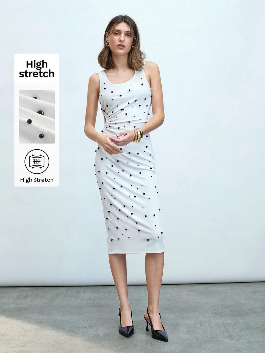 Maija Women's Black Pearl Studded Sleeveless Top With Cutout Detail And White Side Stripe Elastic Waistband Skirt, Versatile Elegant Urban Design, Knit Ribbed Fabric, Sleeveless Crew Neck Top And Medium/Low Rise Waistband Skirt, Business Casual Countryside Music Festival Graceful Outfit, Cruise Dress - White - View 1