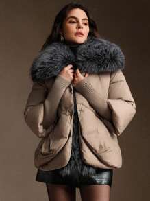 Anewsta Áo khoác dày cao cấp sang trọng có cổ tay áo dệt kim và cổ áo lông thú giả cỡ lớn, thích hợp cho mùa thu, mùa đông, đi chơi, thanh lịch, trang trọng, tiệc tùng, sang trọng, năm mới, áo khoác mùa đông nữ, giáng sinh, công sở, tốt nghiệp, đám cưới - Màu Khaki - Xem 5