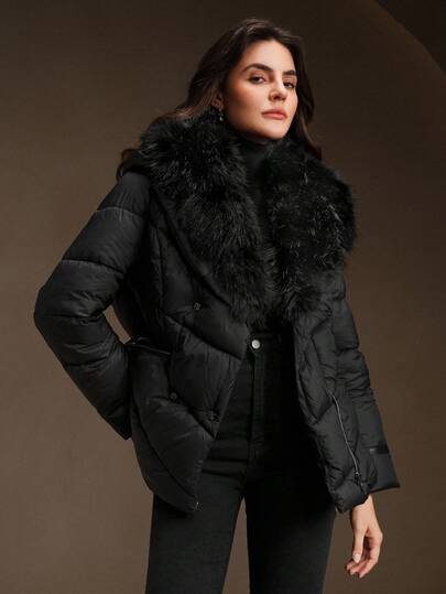 Anewsta 奢华仿毛领修身袖PU皮边加厚外套，适合秋季、冬季、新年等场合，优雅别致，时尚有型，圣诞节、外出等场合皆宜，是女士冬季服装的理想之选。