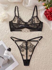 SHEIN Dragon Embroidery Print Sheer Lingerie Set, Mesh Lace Bralette And Panty 2 Piece Underwear Set Lace Bra Set Elegant Lingerie Set Dragon Lingerie Set - Black - View 2