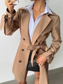 SHEIN Tall 女士棕色翻领双排扣口袋系带中长款休闲宽松时尚优雅百搭办公室风衣女士风衣卡其色风衣女士风衣配腰带 - 卡其色 - 查看 1