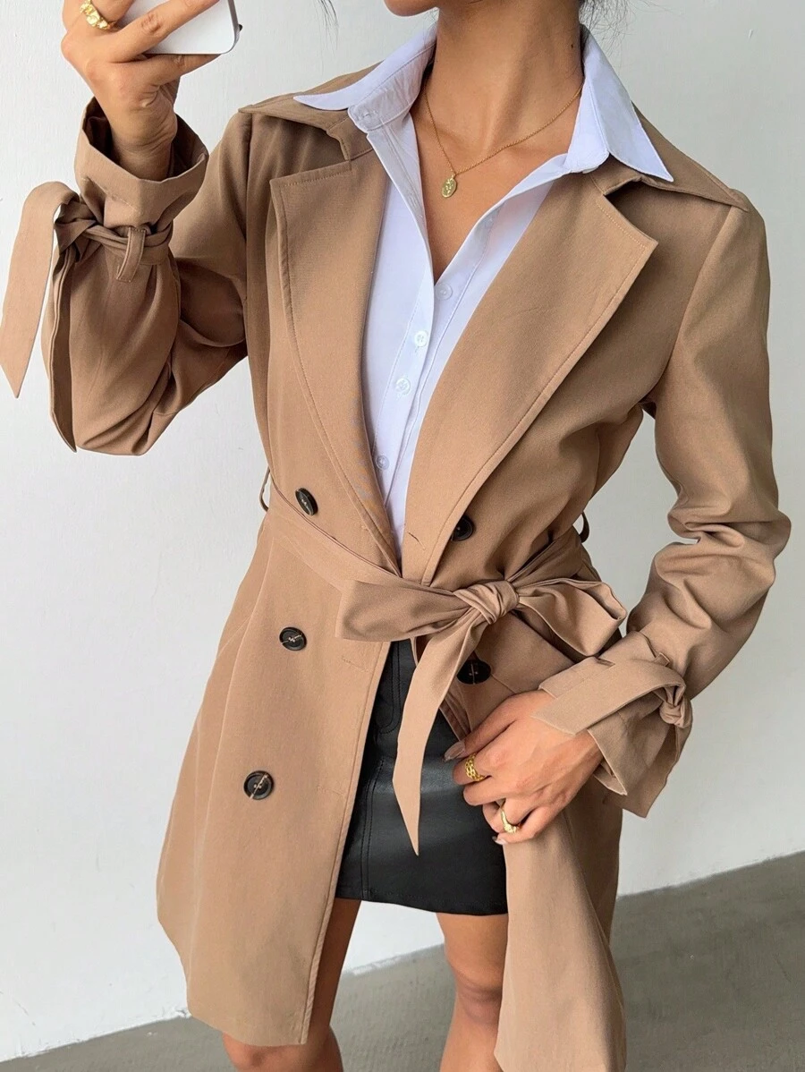 SHEIN Tall 女士棕色翻领双排扣口袋系带中长款休闲宽松时尚优雅百搭办公室风衣女士风衣卡其色风衣女士风衣配腰带 - 卡其色 - 查看 1