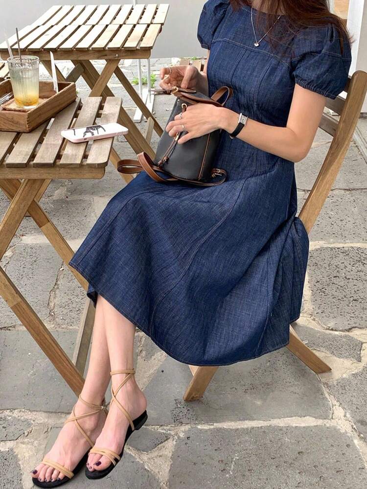 Women's Solid Color Round Neck Waisted Puff Sleeve A-Line Short Denim Dress Summer