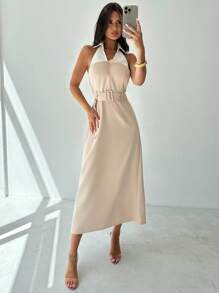 Firerie Women's Elegant Casual Commute Office Wear Fashion Versatile Khaki Shirt Collar 2 In 1 Sleeveless Tie-Waist Open Back A-Line Dress, Summer Outfit, Retro Style - Khaki - View 5