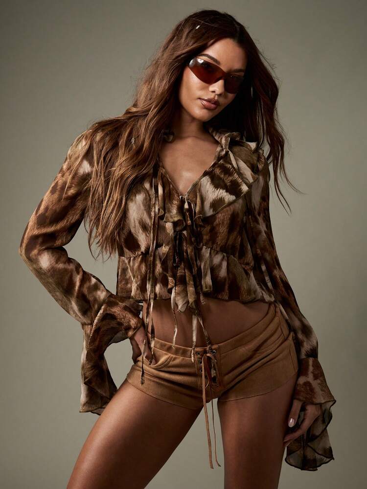 MISSGUIDED Victorian Style Ruffle Long Sleeve Blouse Tie Front Brown Animal Print Vintage Chiffon Festival Boho Top Fall Winter Fashion