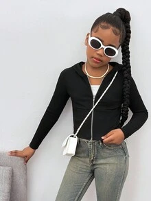 SHEIN 青少年女孩黑色针织连帽短夹克，适合休闲、时尚、百搭的日常穿着 - 黑色 - 查看 5