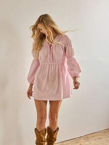 Aralina Váy ngắn tay dài họa tiết boho vintage thường ngày thu/đông dễ thương cho nữ, hoàn hảo cho trang phục sinh nhật và trang phục hòa nhạc đồng quê cho nữ - Hồng - Xem 5