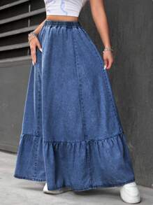 SHEIN EZwear Falda vaquera lavada casual extra larga para mujer - Azul - Ver 1