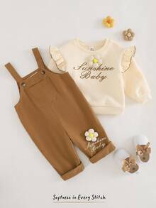 Cozy Pixies 2pcs Baby Girl Brown Autumn Clothes Outfit,Letter Print 3D Floral Ruffle Knit Sweatshirt & Corduroy Bib Pants Set,Cute Modest Matching Family Overalls - Multicolor - View 1