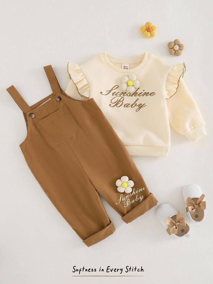 Cozy Pixies 2pcs Baby Girl Brown Autumn Clothes Outfit,Letter Print 3D Floral Ruffle Knit Sweatshirt & Corduroy Bib Pants Set,Cute Modest Matching Family Overalls - Multicolor - View 1