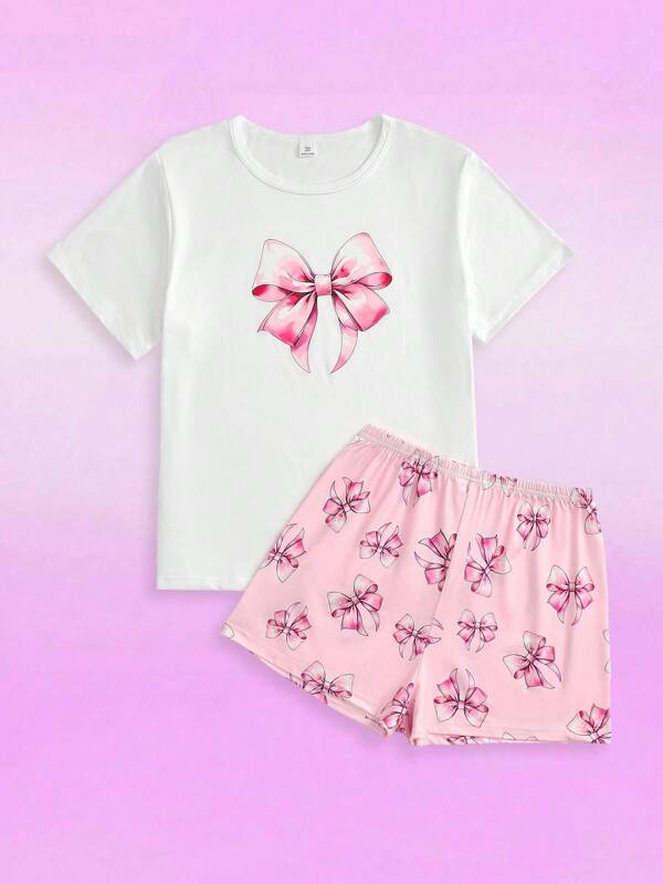 NotGurli Pijama de verano casual con cuello redondo, manga corta y decoración de lazo para niña adolescente