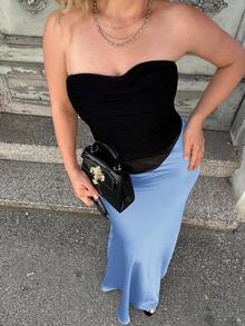 Jeta Ari 女士简约纯色喇叭下摆高品质优雅时尚长裙女装 - 淺藍色 - 查看 5