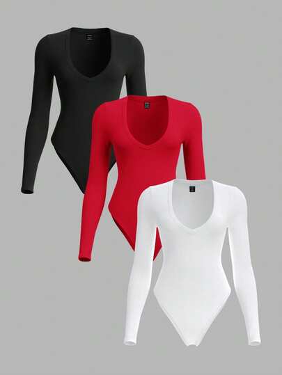 SHEIN BASICS 3件套休闲纯色针织修身长袖鸡心领女式连体衣