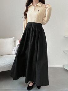 FRIFUL Đầm dài thường ngày họa tiết chắp vá màu đen trơn tương phản, cổ áo vải họa tiết, eo rộng rãi, đa năng, thu/đông - Màu be - Xem 4