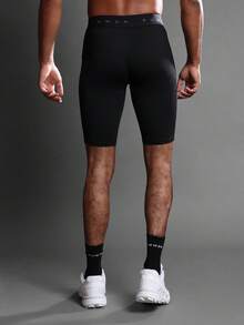 SUMWON 男式运动压缩训练短裤高性能基础层跑步骑行短裤黑色健身紧身裤带提花腰带 - 黑色 - 查看 3