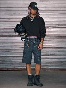 AXEPEAK 男士针织休闲宽松长袖 T 恤，时尚日常穿着，2000 年代风格 - 黑色 - 查看 3