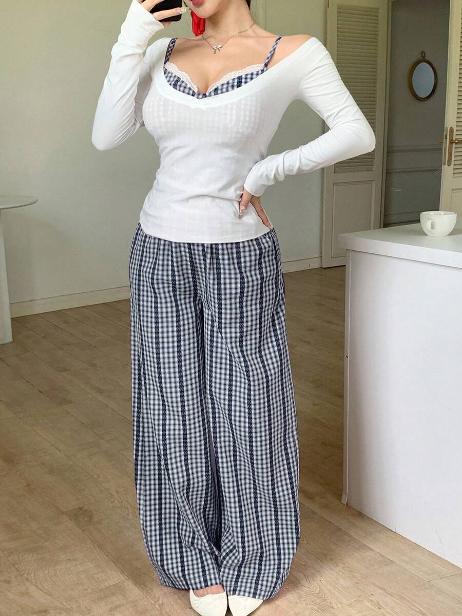 DAZY 3 件套女士宽松休闲度假风镂空蕾丝拼布格子吊带背心、直筒裤和 T 恤套装秋冬 - 藏蓝色 - 查看 1