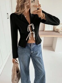 Siren Gaze Áo khoác blazer nữ cổ chữ V kiểu Pháp màu tương phản, buộc dây phía trước, tay dài, buộc dây, thời trang, đa năng, áo khoác blazer quấn crop top, thích hợp mặc đi làm hàng ngày. Áo khoác blazer phối nhiều lớp cho mùa thu, hàng mới về mùa thu đông., mặc hàng ngày và phối nhiều lớp, mặc khi trở lại trường, quần áo nữ mùa thu, áo dễ thương, áo đi chơi cho nữ, phong cách cổ điển cho nữ, áo khoác blazer thường ngày, phù hợp cho mọi mùa - màu đen - Xem 1