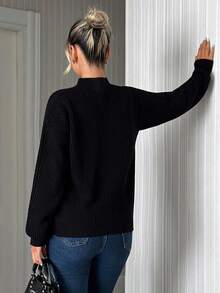 SHEIN Tall Suéter casual de malha canelada tamanho grande para mulheres, cor sólida - Preto - Ver 2