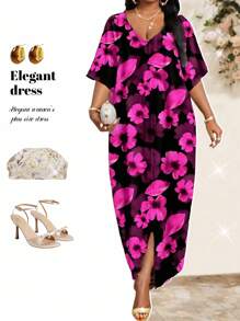 Fleurora 春夏休闲优雅波西米亚风黑色编织V领直筒束腰连衣裙卡夫坦长款加大码连衣裙复活节连衣裙女士春季女装 - 黑色 - 查看 1