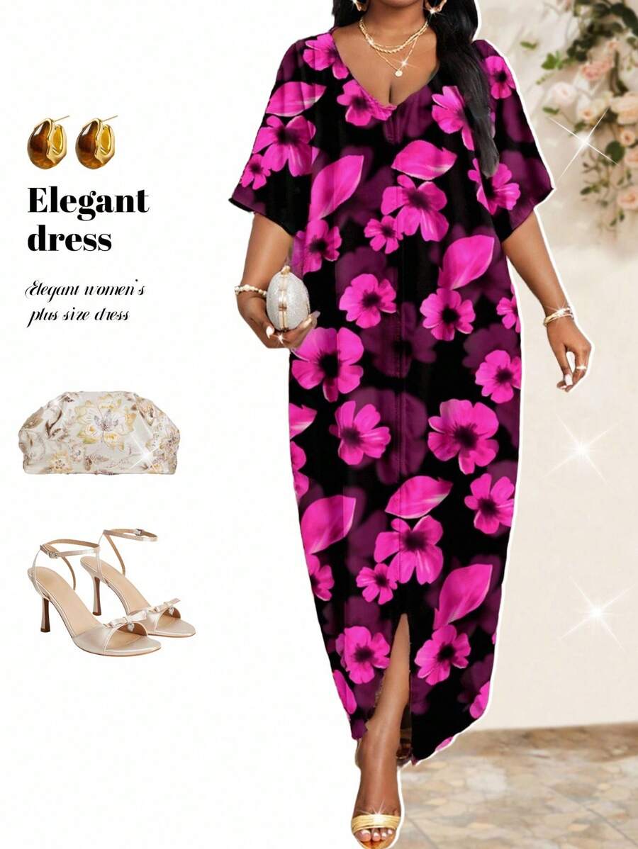 Fleurora 春夏休闲优雅波西米亚风黑色编织V领直筒束腰连衣裙卡夫坦长款加大码连衣裙复活节连衣裙女士春季女装 - 黑色 - 查看 1