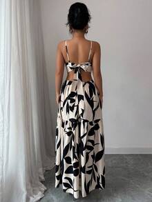 SHEIN PETITE 女士新款镂空蝴蝶结印花长裙，度假风格 - 杏色 - 查看 2