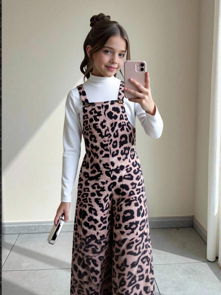 SHEIN 1 件 Tween Girl 时尚豹纹连体裤，不含 T 恤 - 棕色 - 查看 1