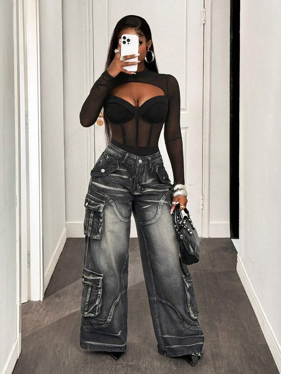 SHEIN X Scot Louie BamGleam 性感镂空钢圈胸罩杯半透明长袖女式紧身衣，秋季 - 黑色 - 查看 1