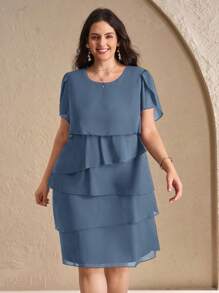 Chikora Vestido Elegante de Cor Sólida Multicamadas, Plus Size, Verão - Azul Empoeirado - Visão 3