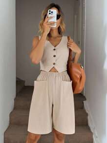 SHEIN LUNE Camisa sin mangas de mujer de unicolor con escote en V y abotonadura sencilla para oficina