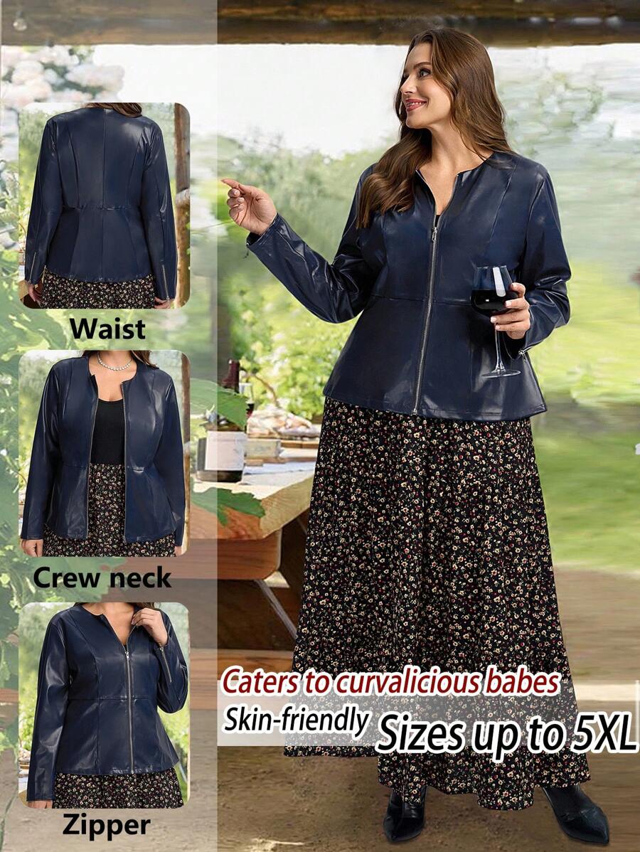 EMERY ROSE Áo khoác cổ tròn màu trơn đơn giản thường ngày cỡ lớn, có khóa kéo phía trước, mùa thu, mùa đông, công sở, trở lại trường, giáo viên, trang phục phương Tây - màu xanh lá - Xem 1