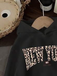 SHEIN 青少年女孩休闲长袖连帽厚运动衫，适合秋冬季 - 黑色 - 查看 4