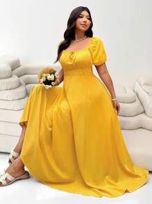 Solflare 加大码女式黄色短袖休闲系带前腰收腰优雅度假装女士休闲婚礼宾客礼服，春夏季，太阳裙，毕业礼服，节日，生日礼服 - 黃色 - 查看 3