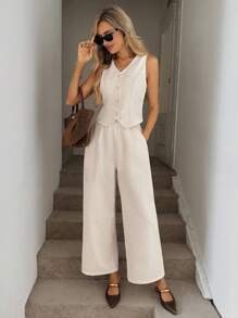 Easowa V 领不对称下摆纽扣前无袖衬衫背心和松紧腰侧袋阔腿裤套装，休闲宽松通勤风格，女士粗花呢面料 - 彩色 - 查看 7