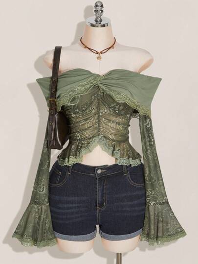 SHEIN ICON 大码女式长袖蕾丝花边扭纹露肩 Y2K 复古佩斯利绿色印花喇叭袖褶饰领衬衫