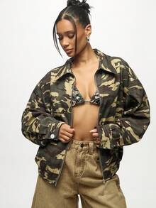 SUMWON WOMEN Oversized Camouflage Bomber Jacket Military Print Casual Fall Winter Zip Up Streetwear Outerwear With Elastic Hem And Cuffs