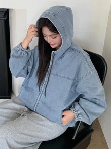 Dazy Plus Light Wash Blue Hooded Zip-Up Loose Lantern Sleeve Hem Drawstring Denim Jacket, Plus Size Women, Fall Women Jacket