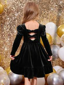 SHEIN Váy nhung trang trí nơ 3D dễ thương cho bé gái, váy đơn giản thanh lịch, thích hợp mặc vào mùa thu đông, giáng sinh, dự tiệc, sinh nhật - màu đen - Xem 8