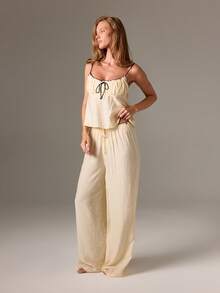 AiiRZ 女士两件套睡衣晚装家居服长袖纽扣睡衣套装蝴蝶结细节荷叶边睡衣柔软舒适冬季睡衣套装 - 黃色 - 查看 4