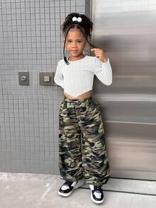 SHEIN Young Girl Casual Knit Long Sleeve Top And Camouflage Long Pants Set Girls Camo Pants Girls Cargo Pants Girls Outfit Sets Crop Top Girls Outfit Set - White - View 7