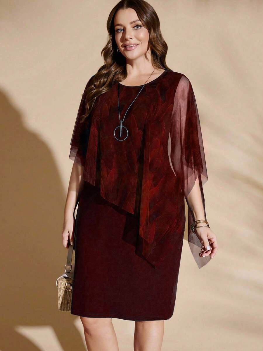 Flouryn 优雅网眼披肩拼接舒适针织二合一连衣裙，优雅大码连衣裙，春夏连衣裙 - 酒紅色 - 查看 1