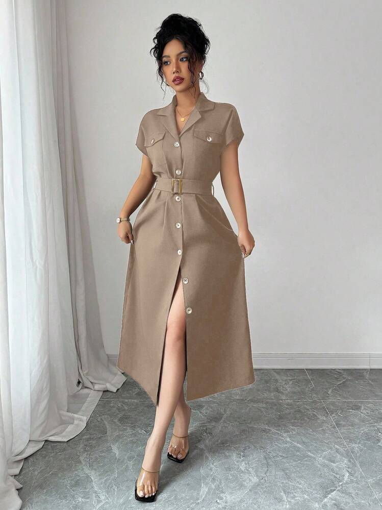 casual shirt dresses for ladies Elenzga Women's Solid Color Short Sleeve Lapel NeckSingle-Breasted Midi Dress lost child