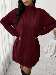 SHEIN Frenchy 休闲简约高领罗纹拉绒连衣裙，加大码，适合秋冬休闲居家穿着 - 酒紅色 - 查看 4