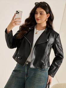 Auralis 大码女装秋冬时尚设计休闲宽松舒适日常百搭黑色PU皮摩托车夹克，秋季、街头风、Y2K、冬季、返校季、西部风女装、秋季外套、外出 - 黑色 - 查看 3