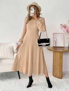 SHEIN LUNE فستان كاجوال للنساء بلون أحادي مع تصميم من الدانتيل، خصر ضيق وأكمام طويلة، ملابس أساسية للخريف والشتاء، ملابس شتوية كاجوال للنساء، ملابس خروج كاجوال للنساء، فساتين كاجوال وأنيقة للنساء، فستان بيج مصنوع من الصوف مع أكمام من الدانتيل - كاكي - مشاهدة 4