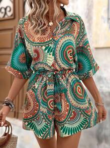 SHEIN VCAY Salopetă de damă, cămașă cu imprimeu geometric