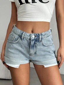 EURMUSE WOMEN LOW WAIST MINI FOLDED UP SHORT Womens Shorts Women S Outfits Woman S Summer Clothes Women S Clothes Women S Bottoms Women Summer Sets - Medium Wash - View 3