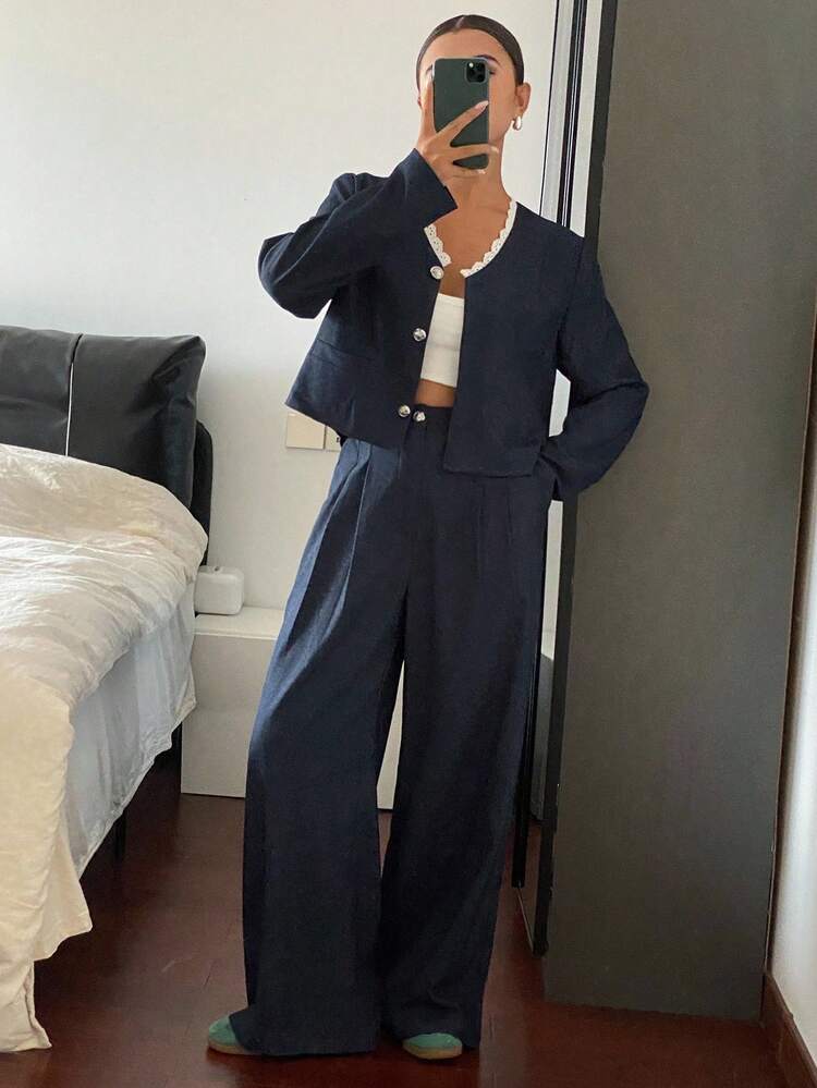 2pcs Women Lace Patchwork V-Neck Long Sleeve Top Jacket And Loose Pants Casual Suit Set Business Attire