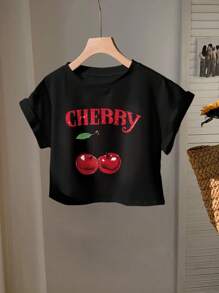 SHEIN EZwear Camiseta de manga corta de ajuste holgado con cuello redondo y estampado de cerezas, versátil e informal, adecuada para el verano, las vacaciones, la playa, las escapadas primaverales y los viajes entre chicas